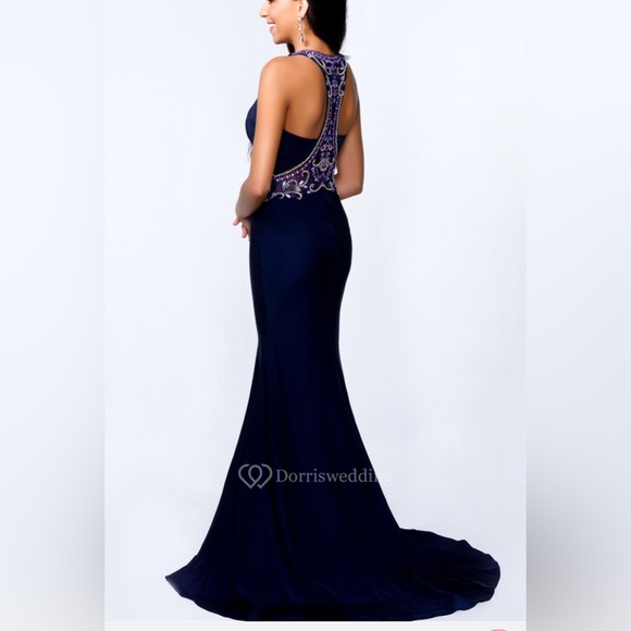 Abby Paris Formal Dress Size 8 Navy Blue Beaded Waist Train Gown AUTHENTIC NWT - Picture 3 of 15